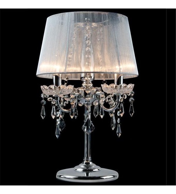 Lampa stołowa Izabel potrójna kryształowa z białym abażurem chromowane wykończenie