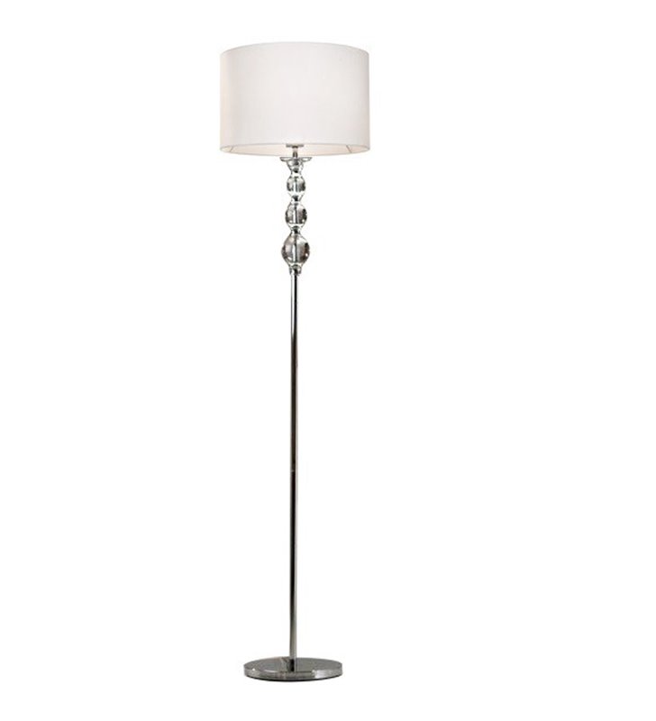 Elegancka stylowa biała lampa podłogowa Rea podstawa chrom z kryształowymi kulami do salonu jadalni sypialni
