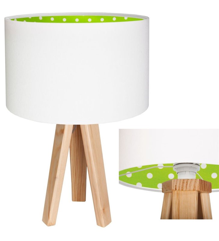 Lampa stołowa Ella biały abażur z weluru od wewnątrz zielony w białe kropki sosnowe 3 nogi