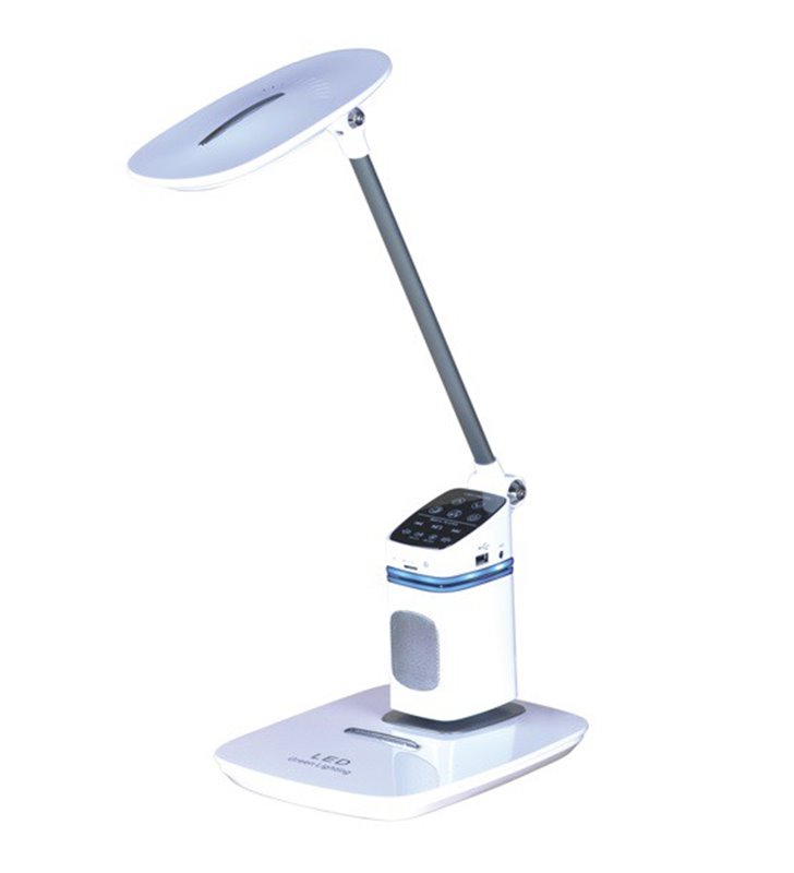 Biała lampa biurkowa Elba o funkcjach multimedialnych port USB głośnik ściemniacz włącznik dotykowy 3300-6000K
