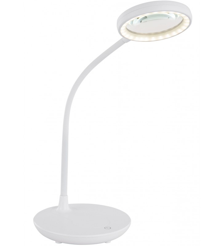 Biała lampka na biurko z lupą i okrągłym kloszem Loupe LED włącznik dotykowy giętkie ramię ściemniacz