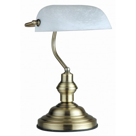 Lampa gabinetowa Antique tzw. bankierka podstawa patyna biały klosz żarówka 60W E27