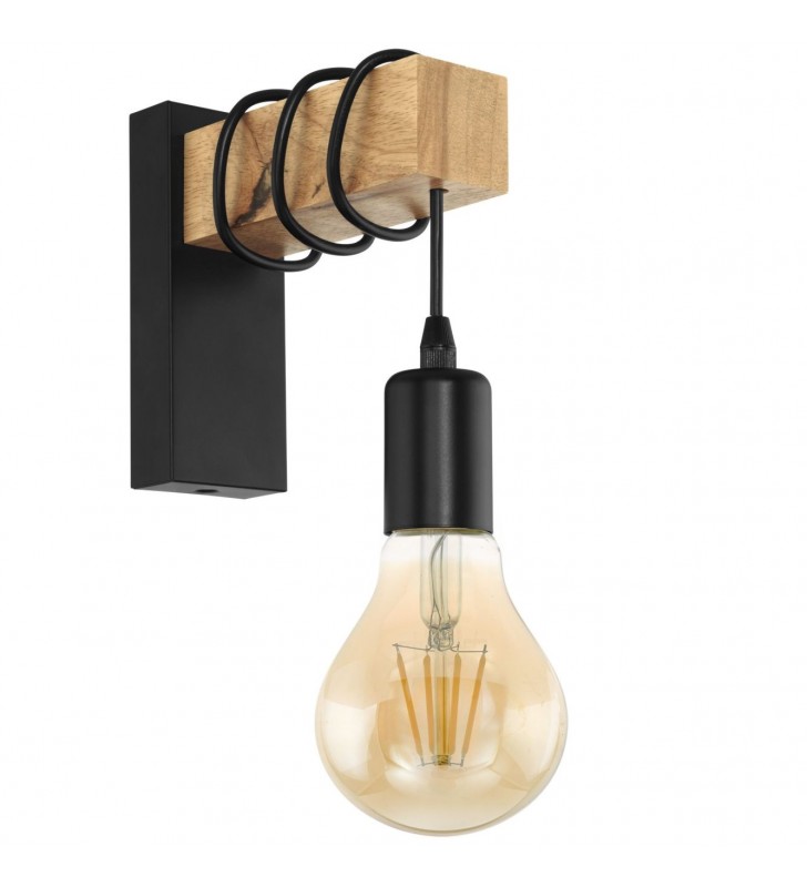 Minimalistyczna lampa ścienna Townshend połączenie drewna z czarnym metalem wisząca żarówka