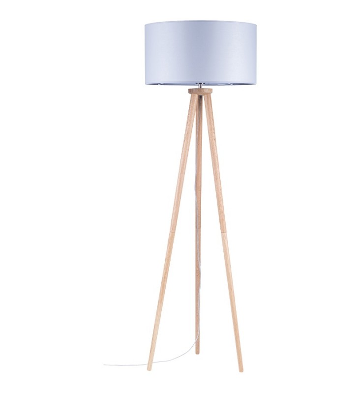 Lampa stojąca Ennie szara z materiałowym abażurem 3 drewniane dębowe nogi do sypialni salonu