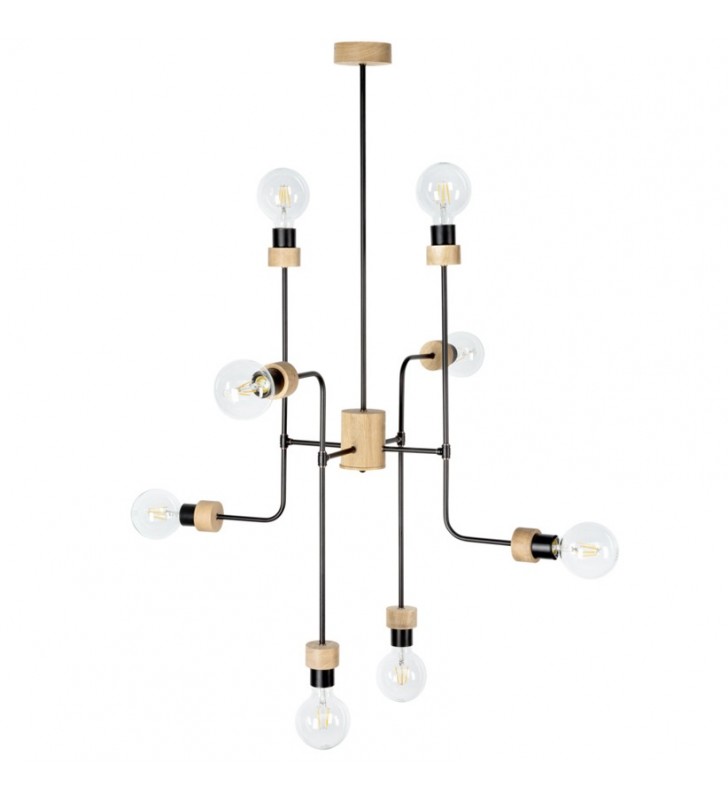Montix 8 pkt żyrandol lampa wisząca w stylu industrialnym połączenie drewna z metalem czarny dąb