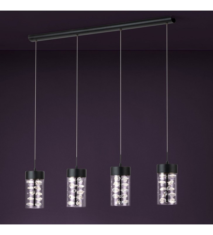 Lampa wisząca Cabezola LED czarna belka 4 bezbarwne klosze z kryształami elegancka stylowa