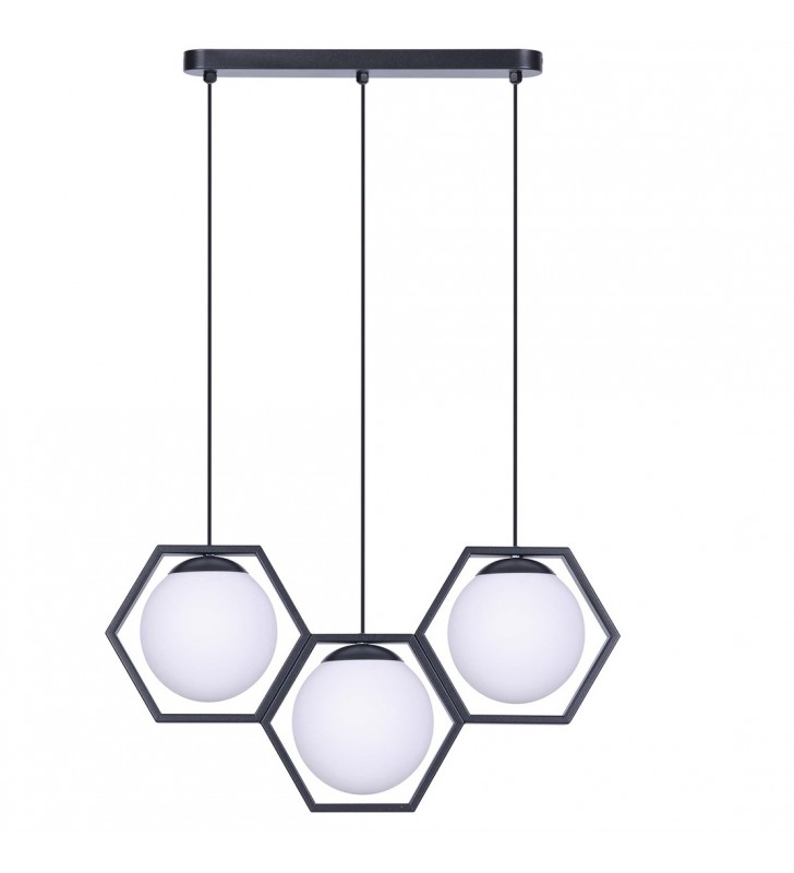 3 zwisowa czarna lampa wisząca Favo metal 3 hexagony szklane klosze kule do salonu
