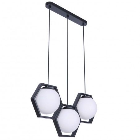 3 zwisowa czarna lampa wisząca Favo metal 3 hexagony szklane klosze kule do salonu